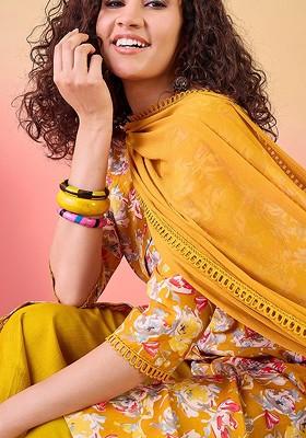 Mustard Printed Blended Kurta Set