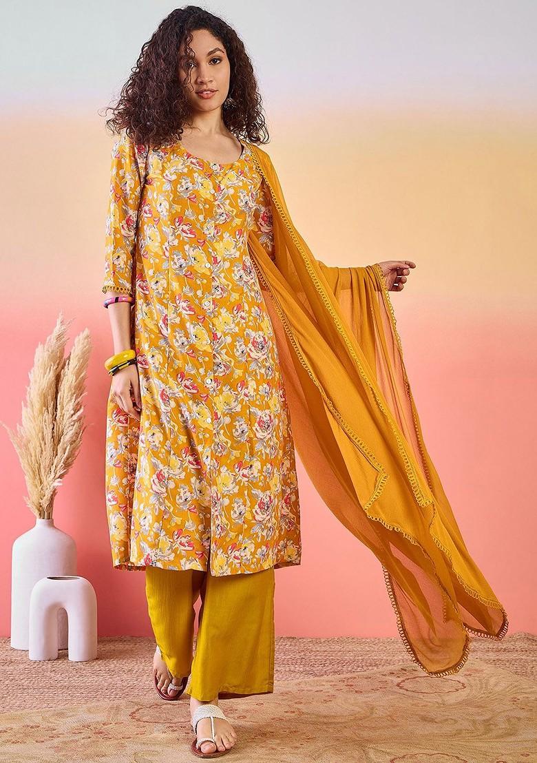 Mustard Printed Blended Kurta Set - Indya