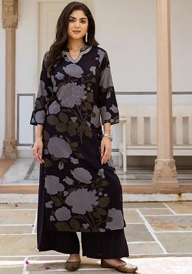 Navy Blue Printed Blended Kurta Set
