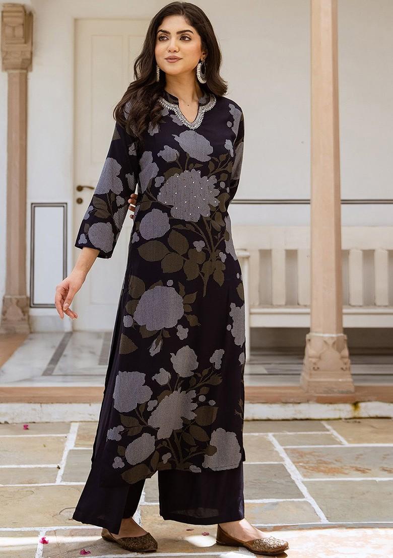 Navy Blue Printed Blended Kurta Set - Indya