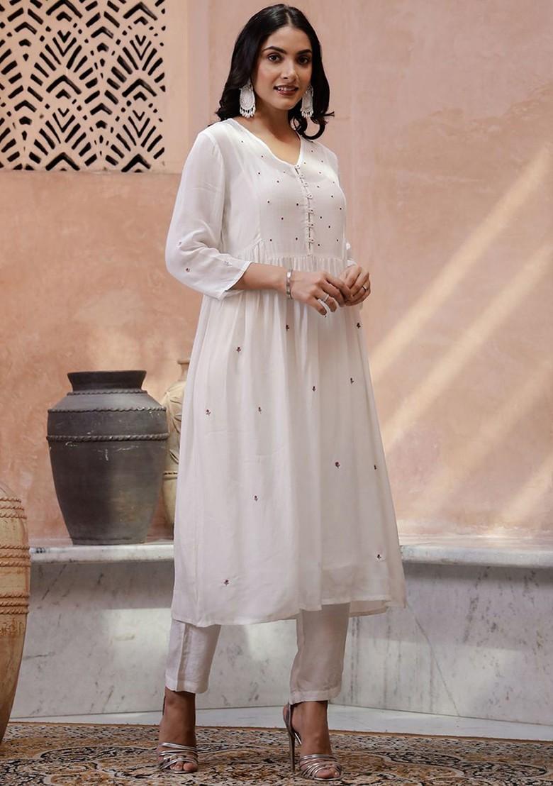 Off White Embroidered Blended Kurta Set - Indya