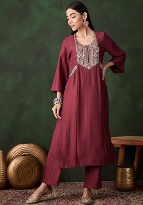 Rust Embroidered Blended Kurta Set