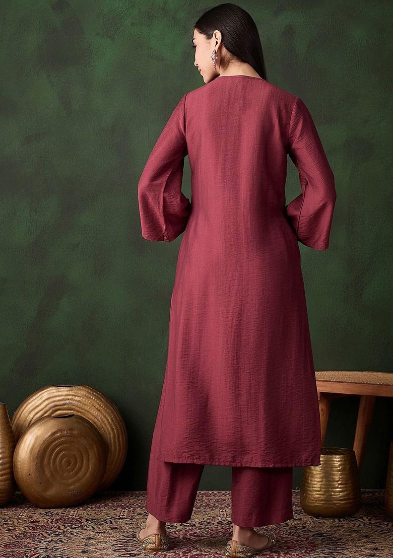 Rust Embroidered Blended Kurta Set - Indya