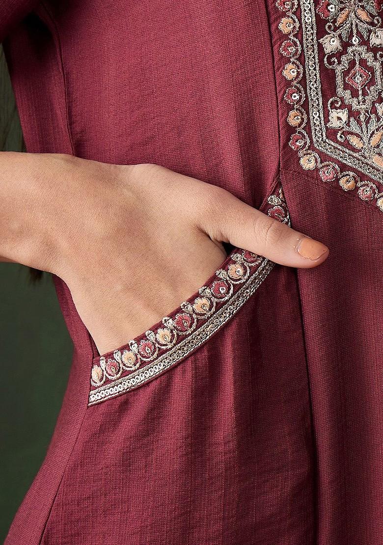 Rust Embroidered Blended Kurta Set - Indya