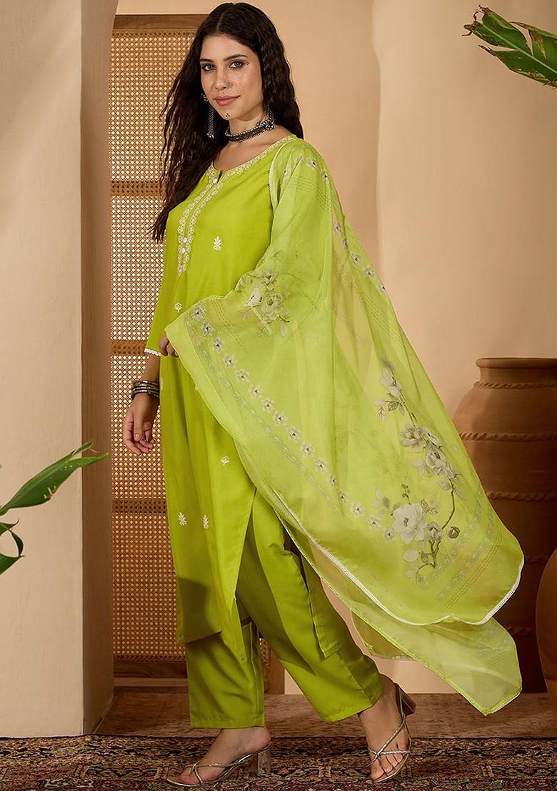 Green Embroidered Blended Kurta Set - Indya