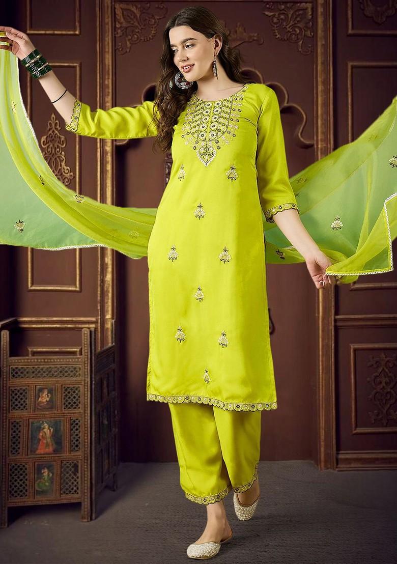 Fluorescent Green Embroidered Blended Kurta Set - Indya