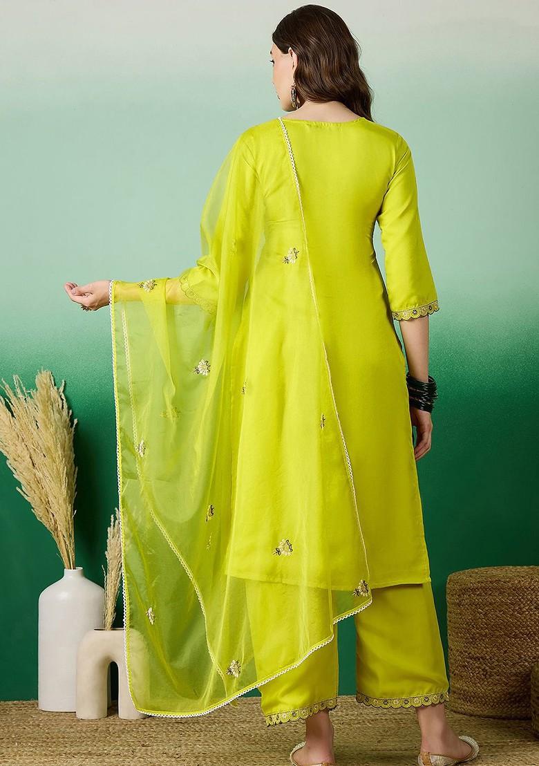 Fluorescent Green Embroidered Blended Kurta Set - Indya