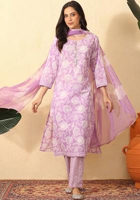 Lavender Printed Blended Kurta Set