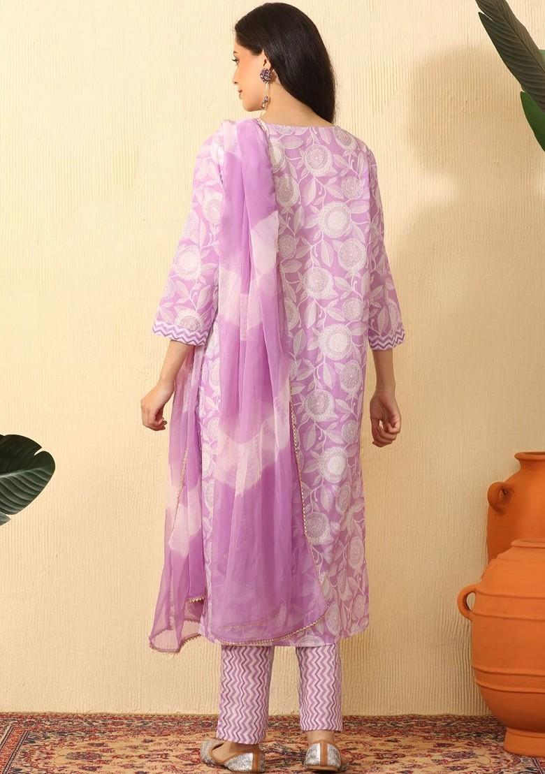 Lavender Printed Blended Kurta Set - Indya