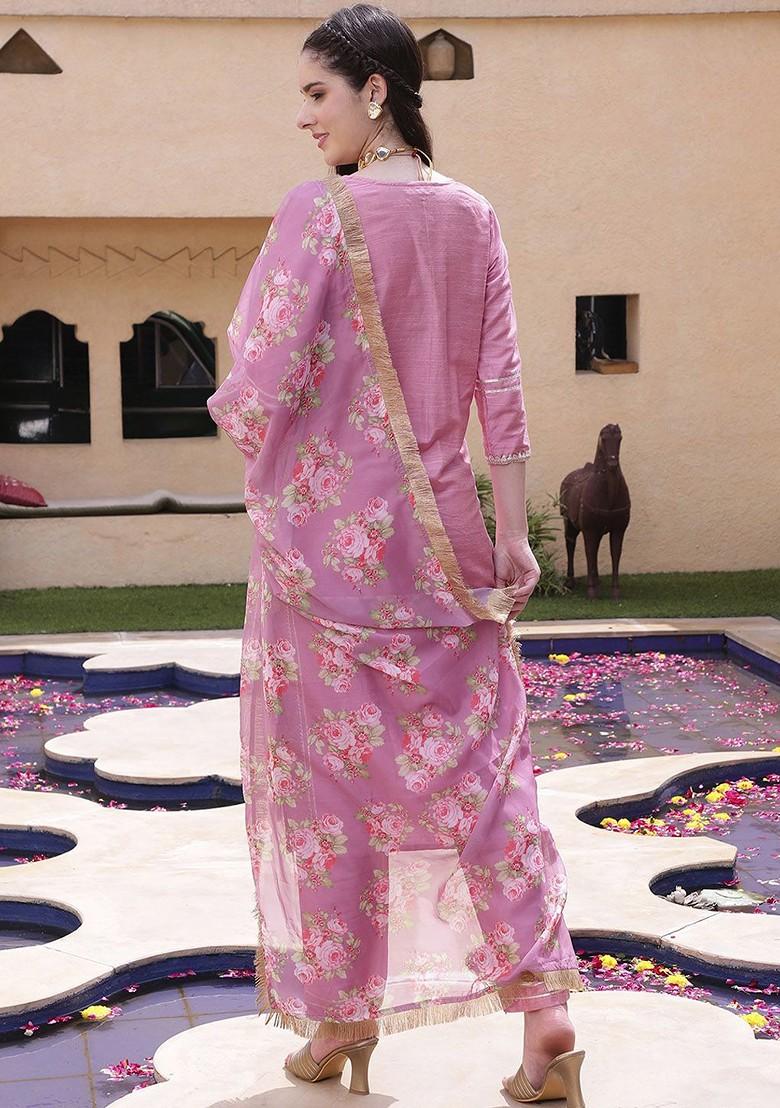 Pink Yoke Design Blended Kurta Set - Indya