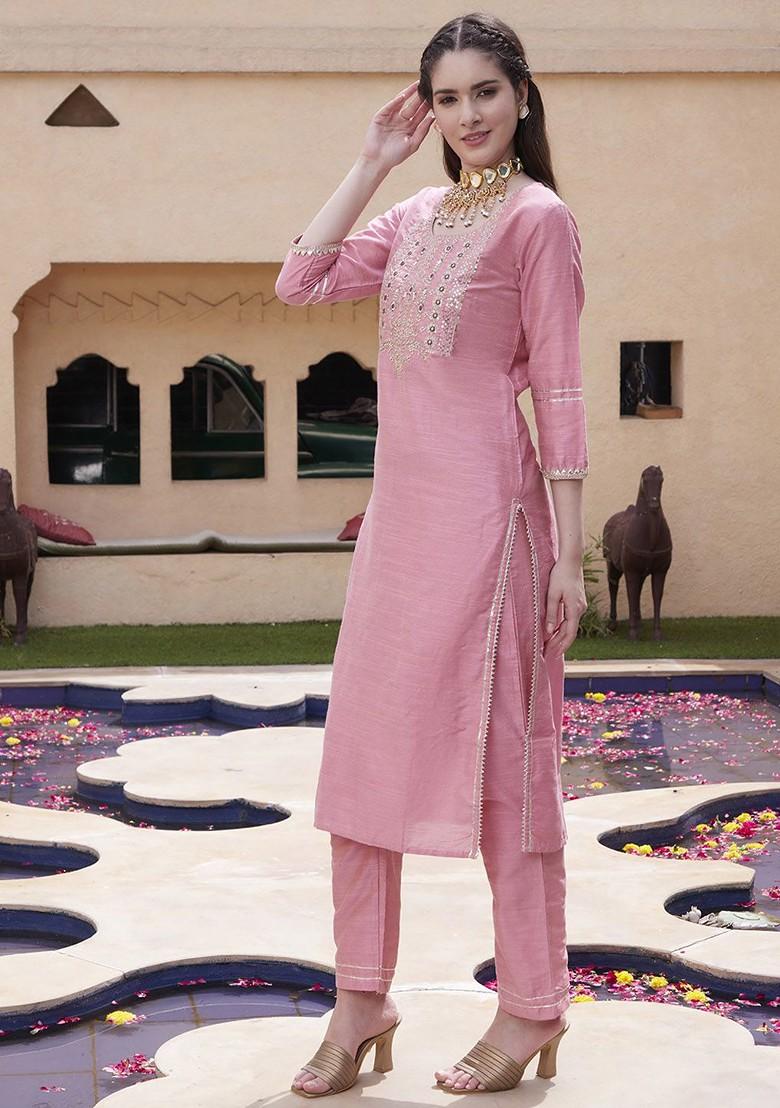 Pink Yoke Design Blended Kurta Set - Indya