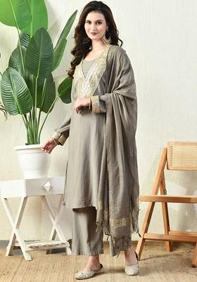 Grey Embellished Blended Kurta Set