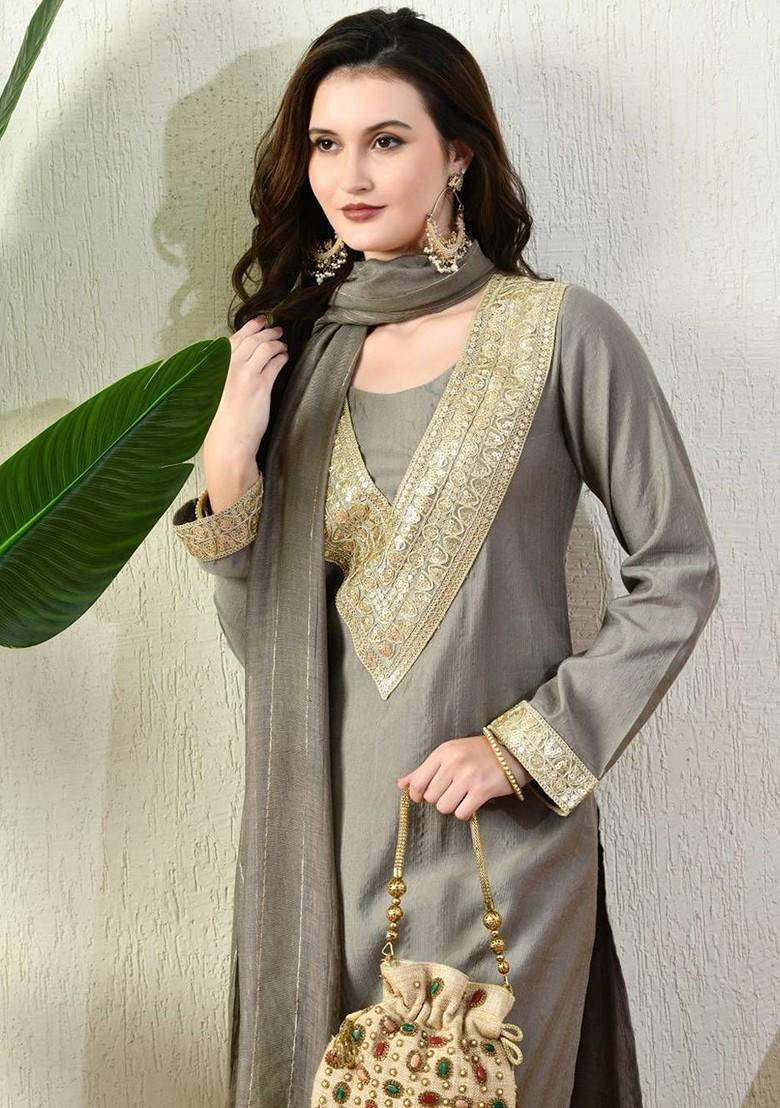 Grey Embellished Blended Kurta Set - Indya