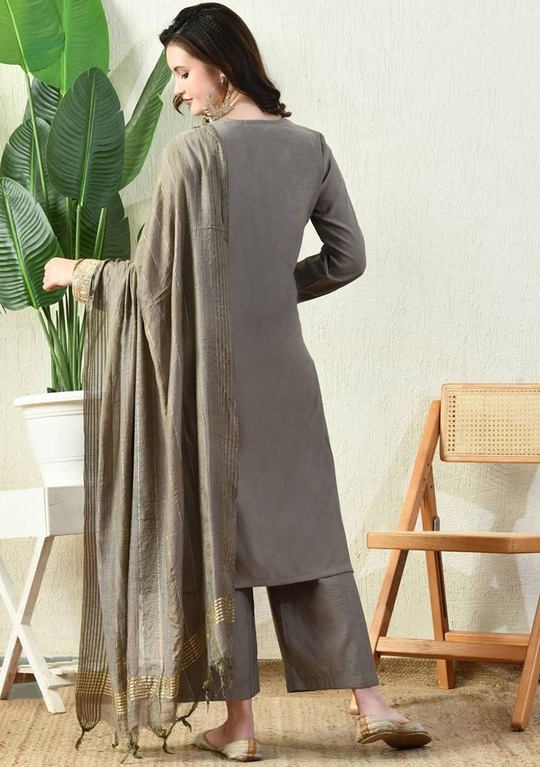 Grey Embellished Blended Kurta Set - Indya