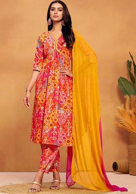 Red Printed Blended Kurta Set