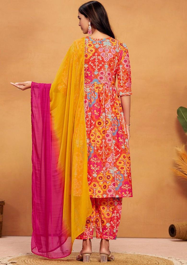 Red Printed Blended Kurta Set - Indya