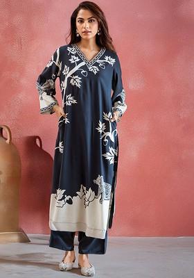 Teal Printed Blended Kurta Set