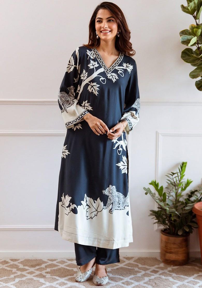 Teal Printed Blended Kurta Set - Indya