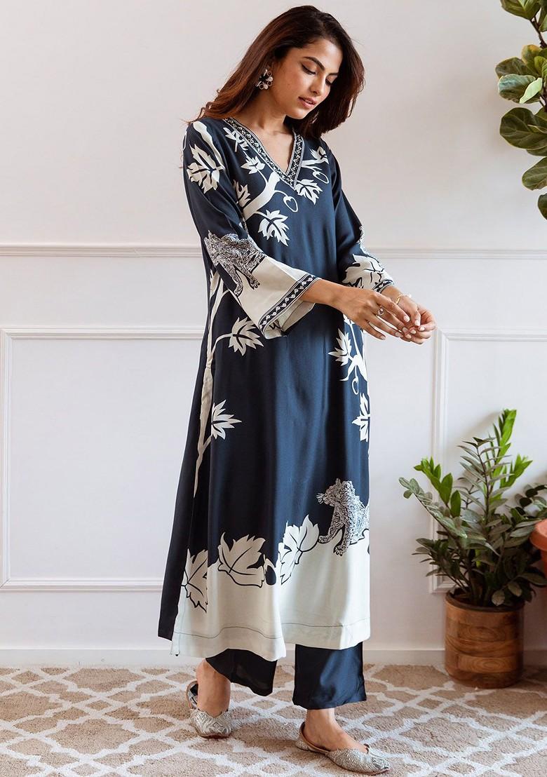 Teal Printed Blended Kurta Set - Indya