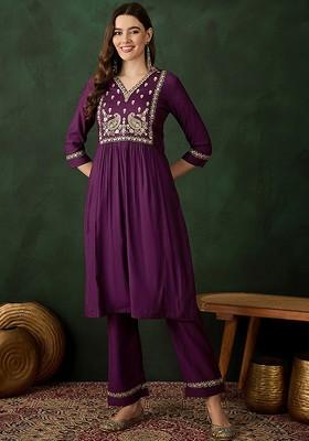 Purple Solid Blended Kurta Set