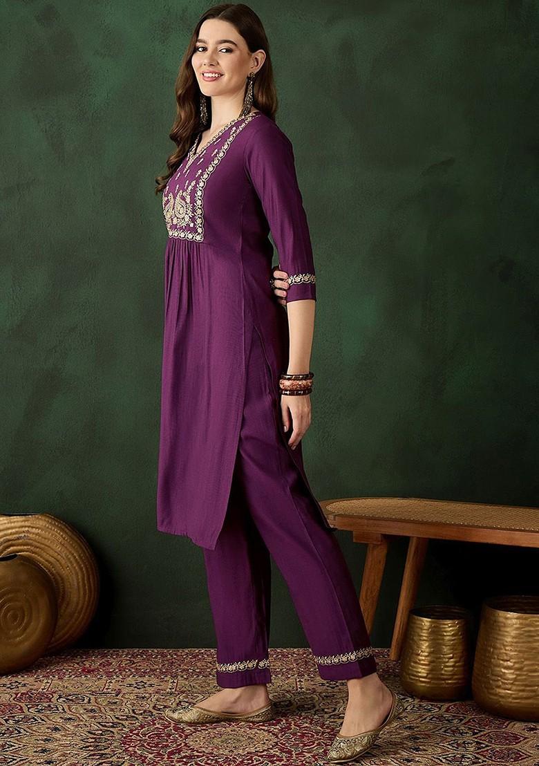 Purple Solid Blended Kurta Set - Indya