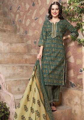 Olive Printed Blended Kurta Set