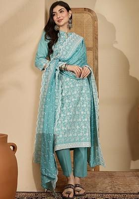 Turquoise Blue Embroidered Blended Kurta Set