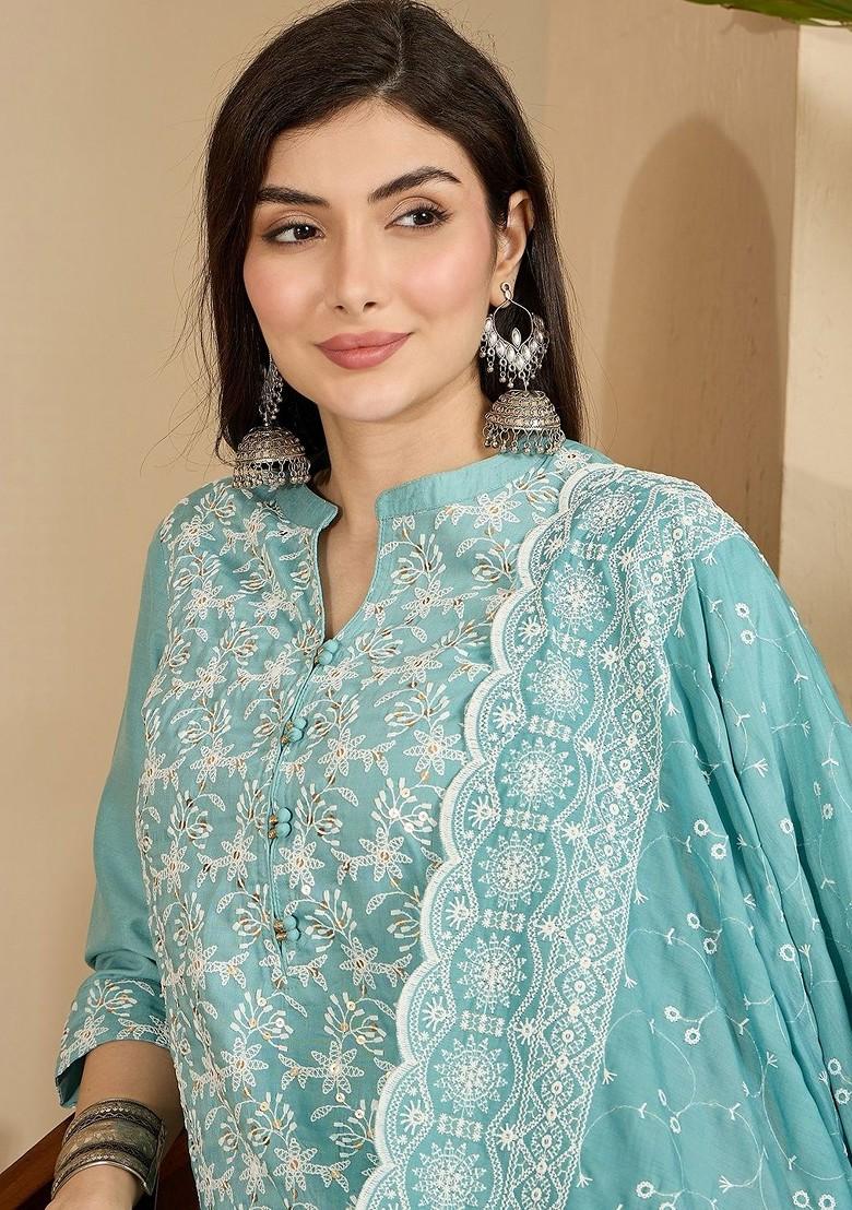 Turquoise Blue Embroidered Blended Kurta Set - Indya