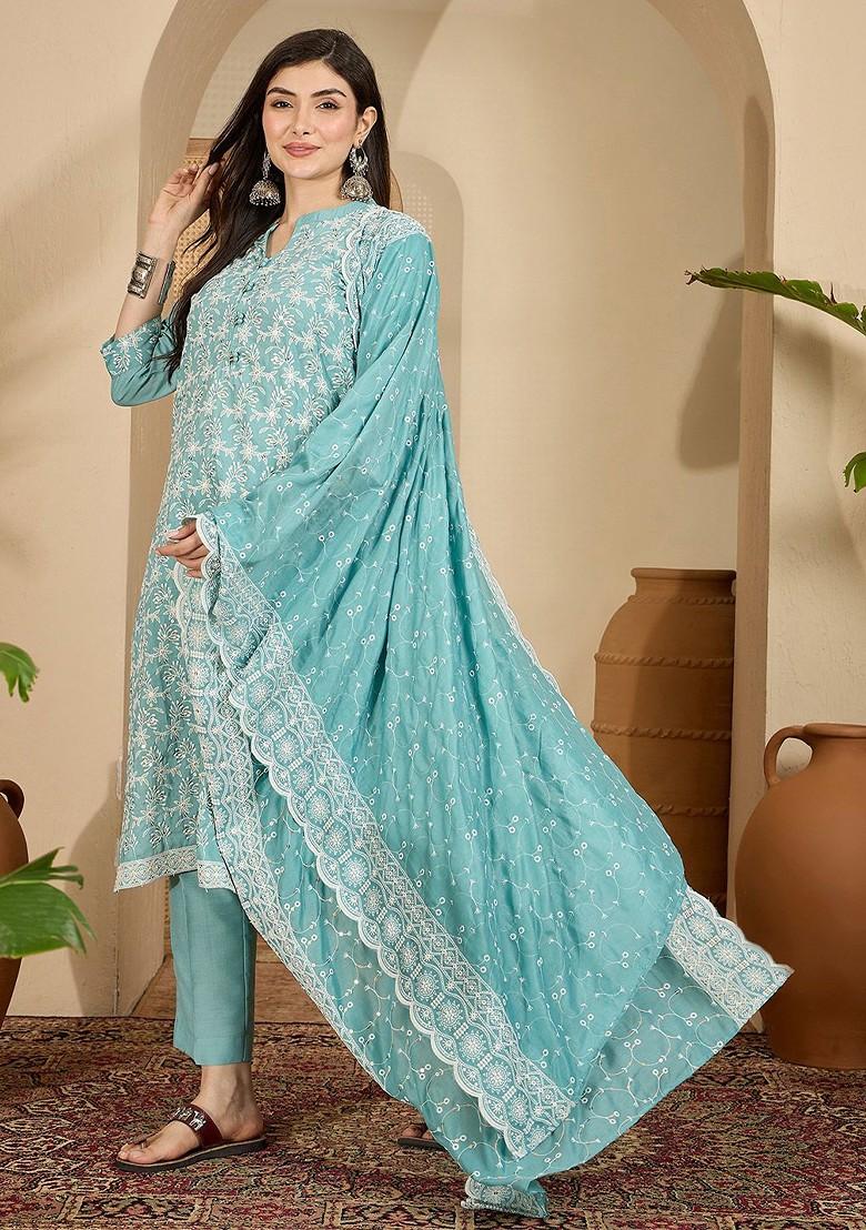 Turquoise Blue Embroidered Blended Kurta Set - Indya