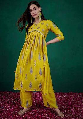 Yellow Embroidered Blended Kurta Set