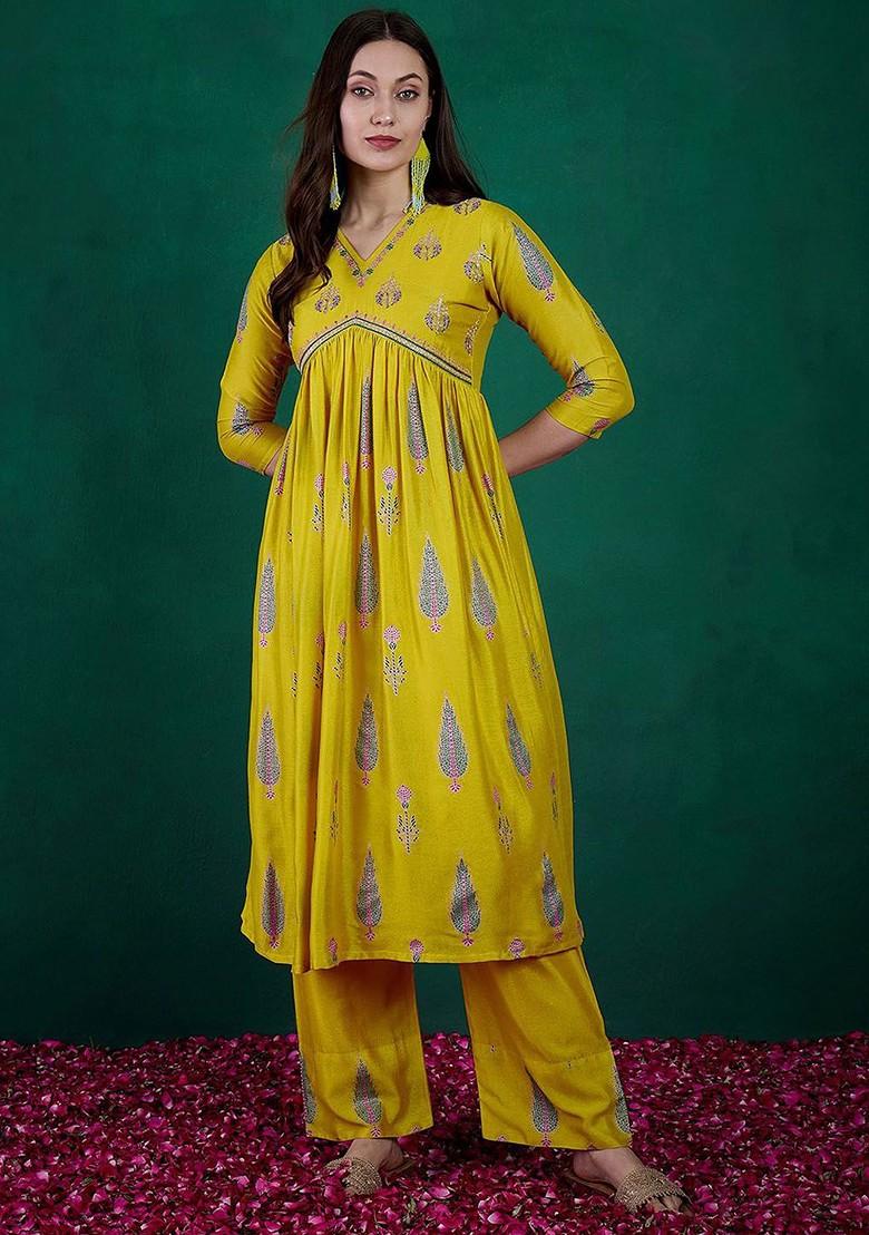 Yellow Embroidered Blended Kurta Set - Indya