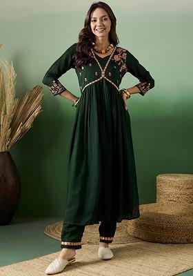 Green Embroidered Blended Kurta Set