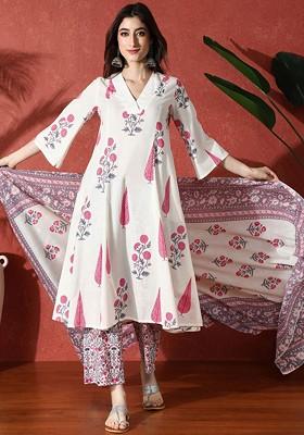 White Printed Blended Kurta Set