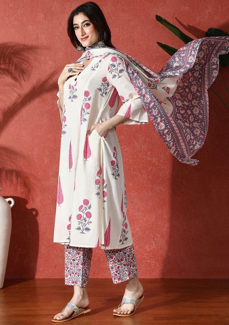 White Printed Blended Kurta Set - Indya