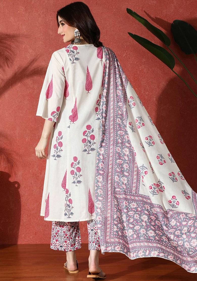 White Printed Blended Kurta Set - Indya
