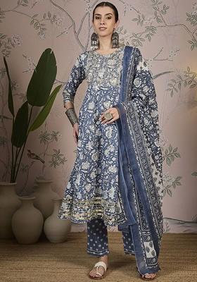 Blue Printed Blended Kurta Set