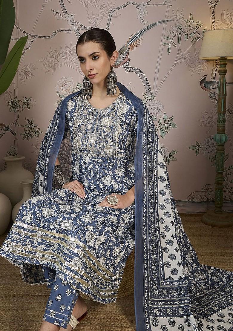 Blue Printed Blended Kurta Set - Indya