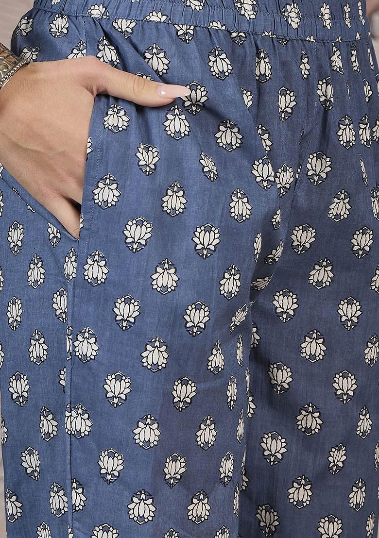Blue Printed Blended Kurta Set - Indya