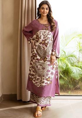 Purple Printed Blended Kurta Set