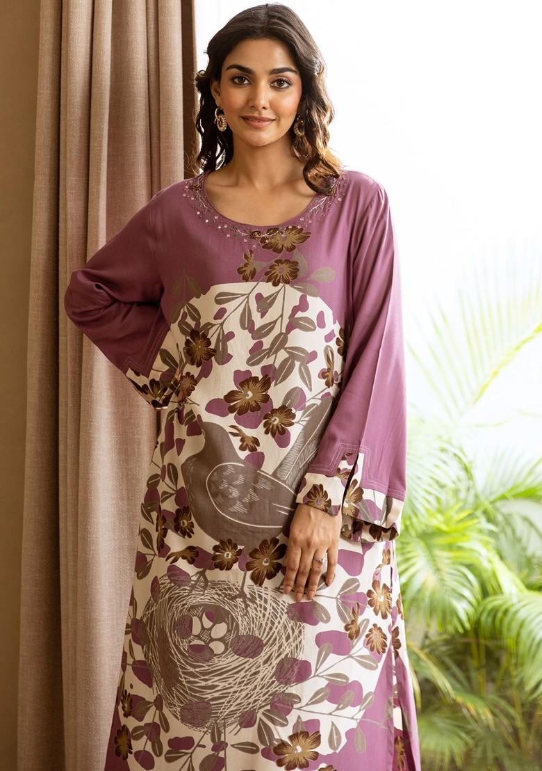 Purple Printed Blended Kurta Set - Indya