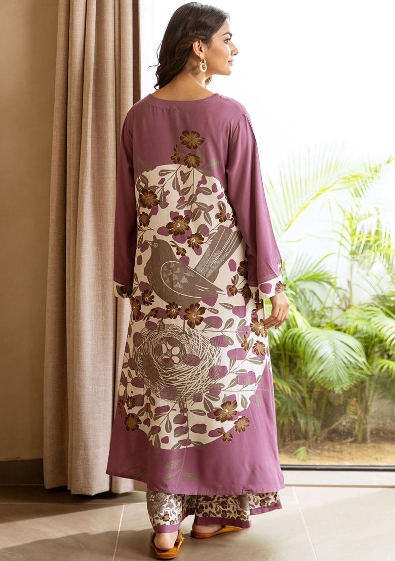 Purple Printed Blended Kurta Set - Indya