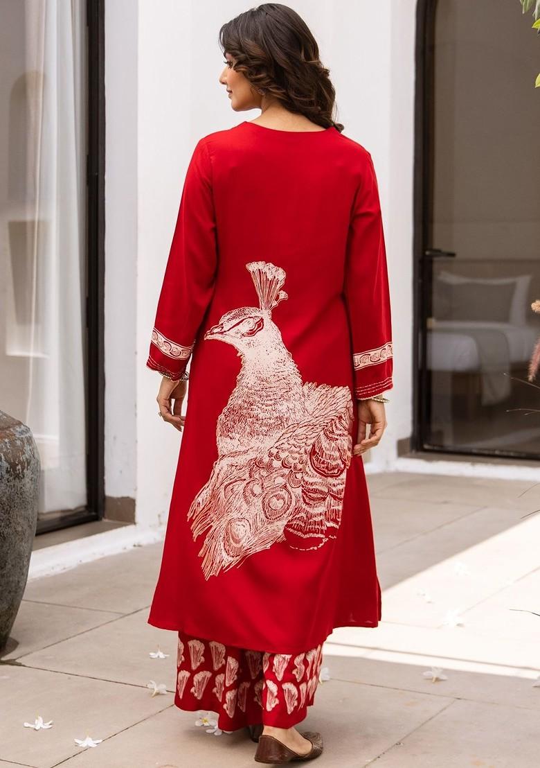Red Printed Blended Kurta Set - Indya