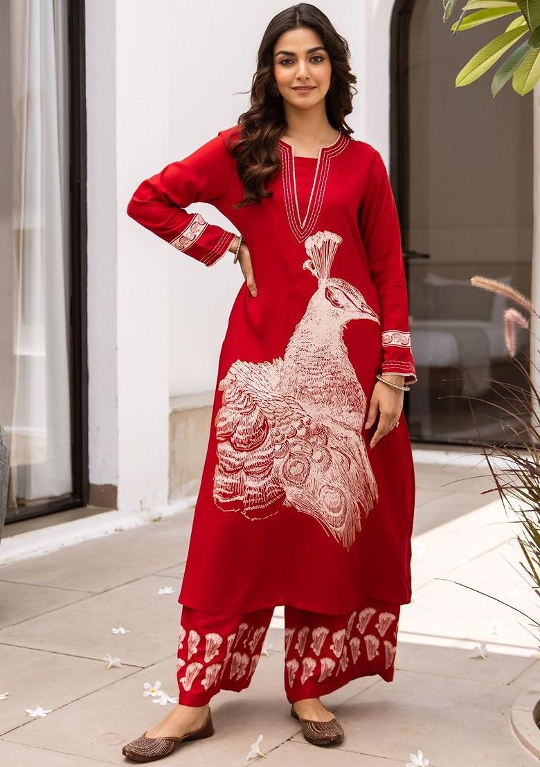 Red Printed Blended Kurta Set - Indya