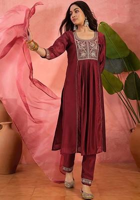 Maroon Embroidered Blended Kurta Set