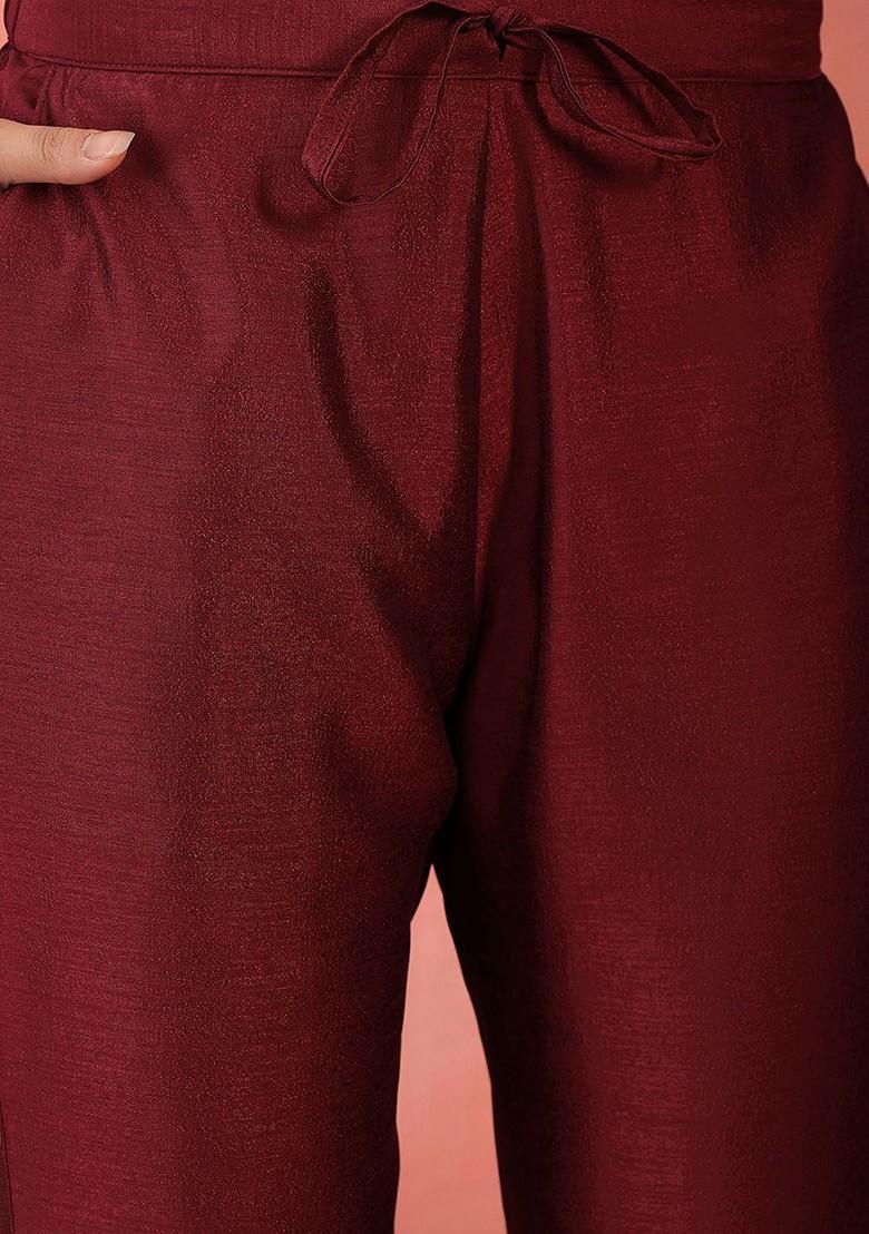 Maroon Embroidered Blended Kurta Set - Indya