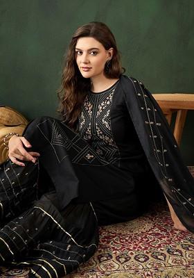 Black Embroidered Blended Kurta Set