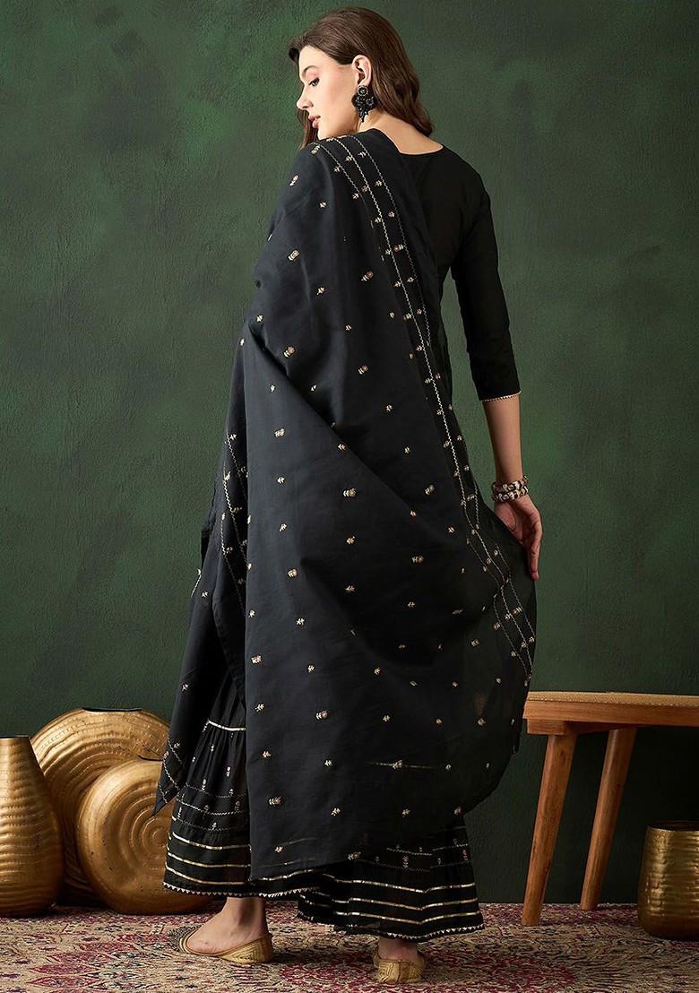 Black Embroidered Blended Kurta Set - Indya
