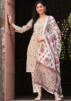 Off White Printed Blended Kurta Set