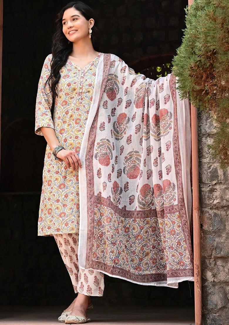 Off White Printed Blended Kurta Set - Indya