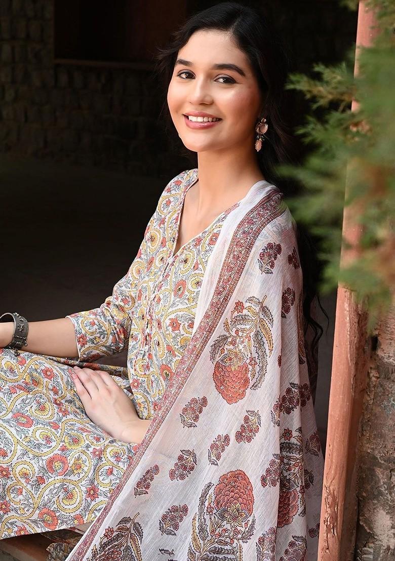 Off White Printed Blended Kurta Set - Indya